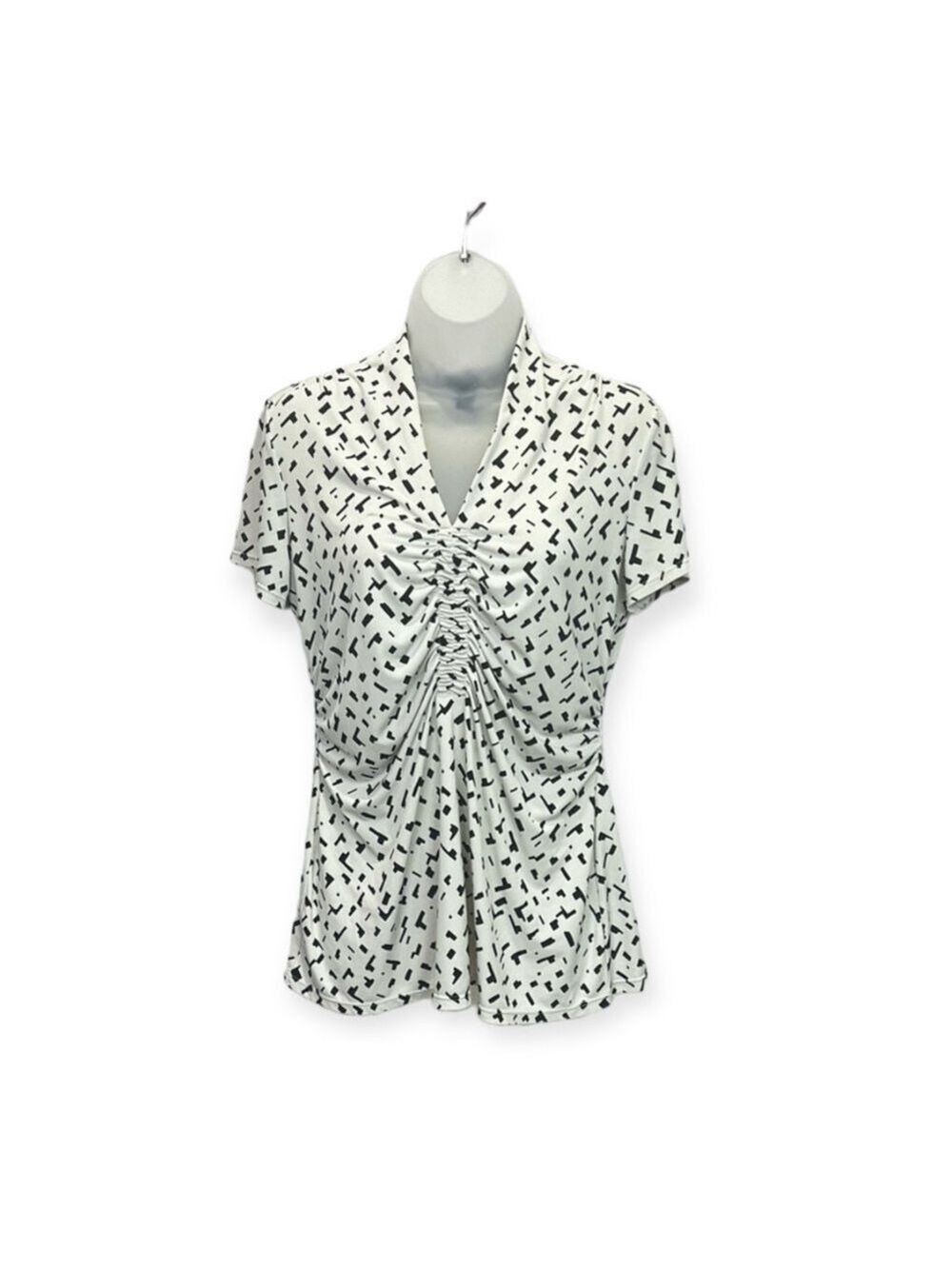 Alfani V-Neck Black & White Short Sleeve Ruched Blouse Top Size M - Picture 1 of 7